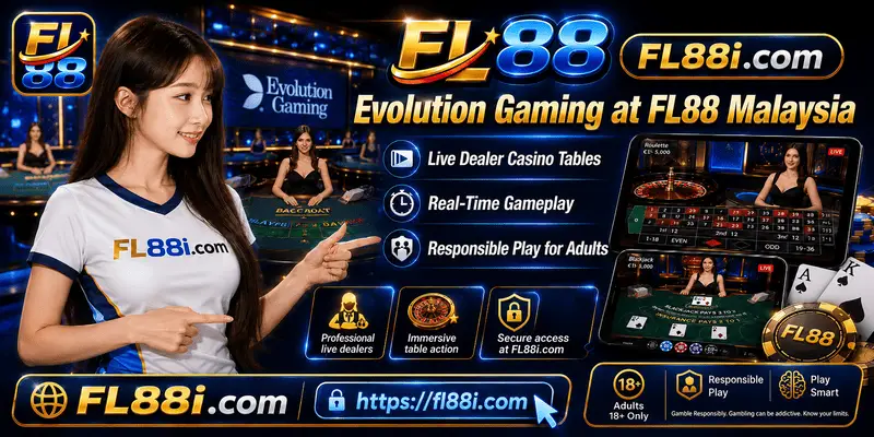 Evolution Gaming at FL88 Malaysia showing live dealer casino tables, real-time gameplay and responsible play for adults