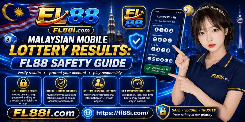 Malaysian user checking mobile lottery results securely with FL88 safety tips, account protection, and trusted access guidance