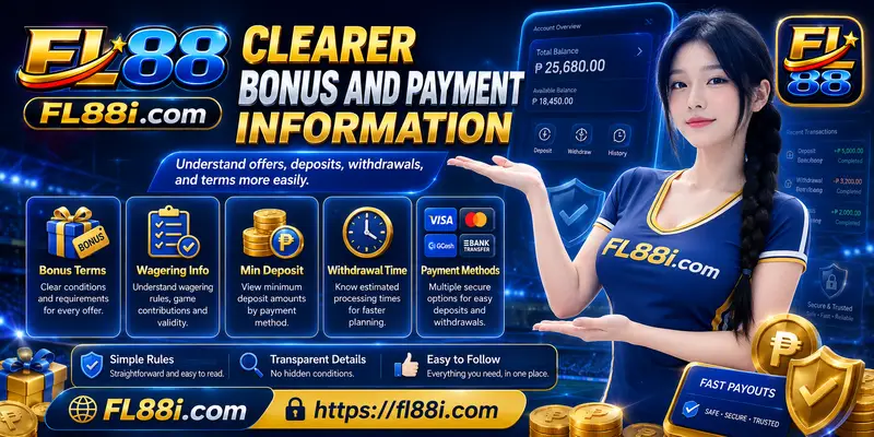 Clearer bonus and payment information showing wagering rules, deposit terms and withdrawal checks for FL88 users