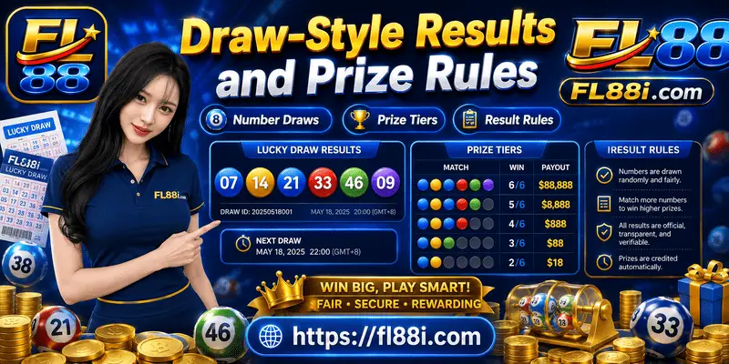 Draw-style results and prize rules guide showing lottery-style outcomes, prize tiers and responsible play reminders