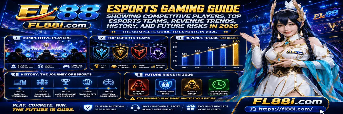 Esports gaming guide featuring competitive players, top esports teams, revenue trends, industry history, and future outlook in 2026