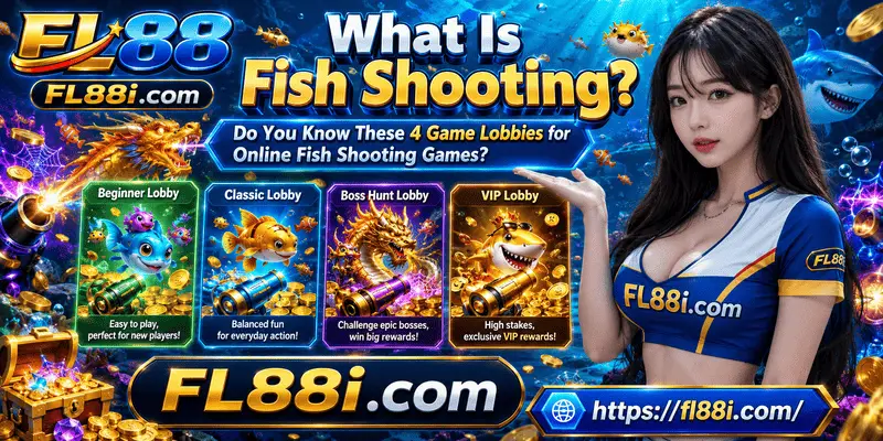 Online fish shooting game featuring colorful underwater creatures, different game lobbies, and interactive arcade gameplay