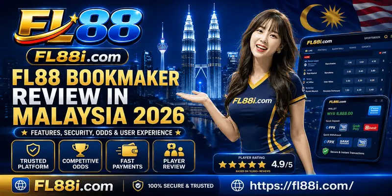 FL88 bookmaker review Malaysia 2026 with sports betting, casino features, mobile access and responsible gaming notice.