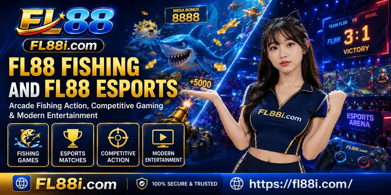 FL88 fishing and esports categories with arcade fishing games, CS2, Dota 2 and League of Legends betting markets.