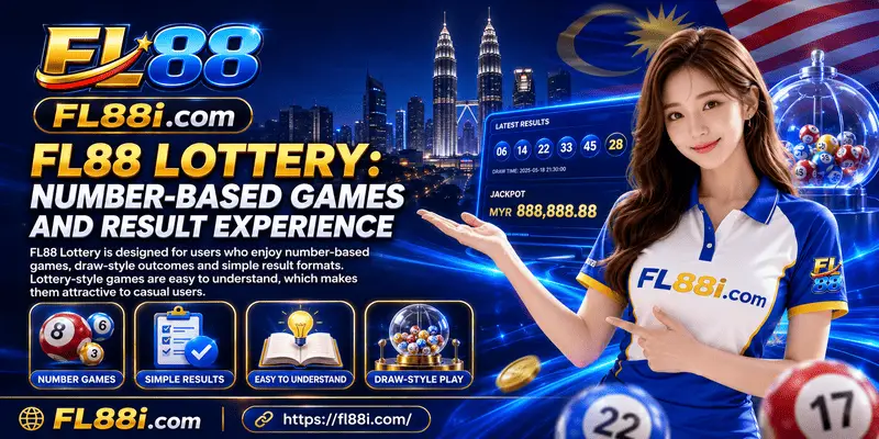 FL88 Lottery number-based games interface displaying lottery selections, draw results, and winning number information.