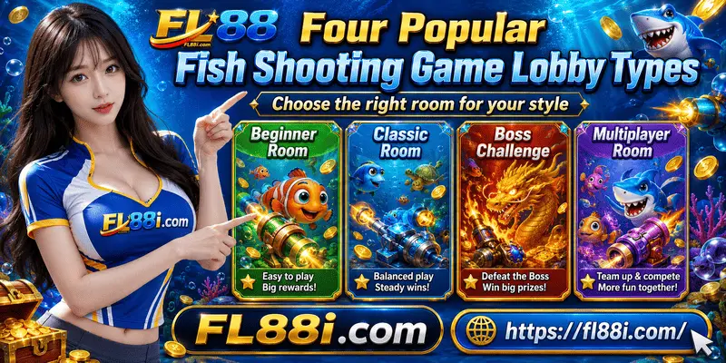 Four online fish shooting game lobbies featuring different underwater environments, gameplay styles, and multiplayer experiences