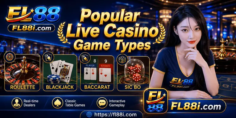 Popular live casino game types showing baccarat, blackjack, roulette and dealer tables for Malaysian adult players